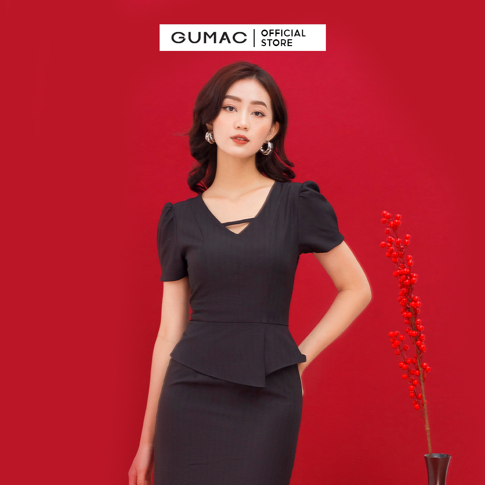 Đầm dáng ôm GUMAC DC01040 body công sở thiết kế cổ V phối bèo