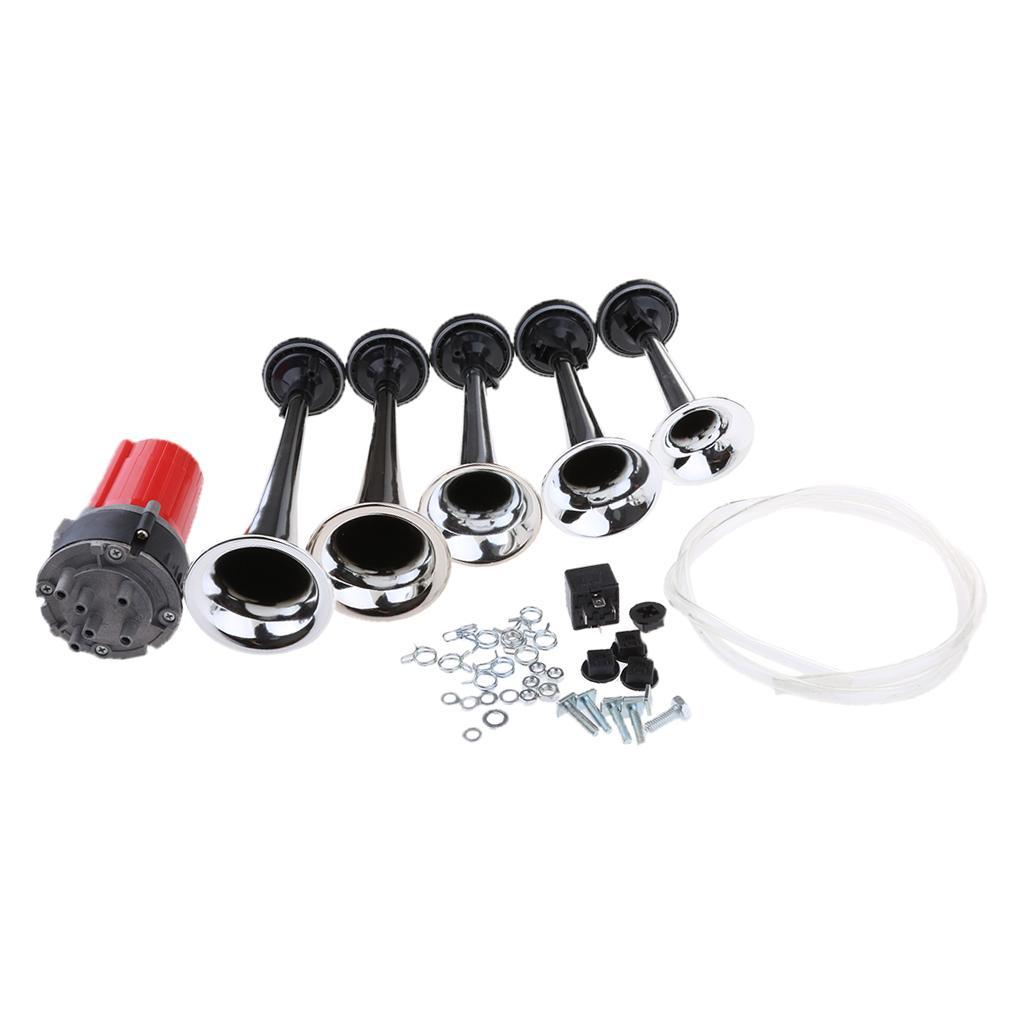 12V/24V 125db Air Horn, Zinc 5 Trumpet Air Horn with Motor for 12V 24V Cars Van