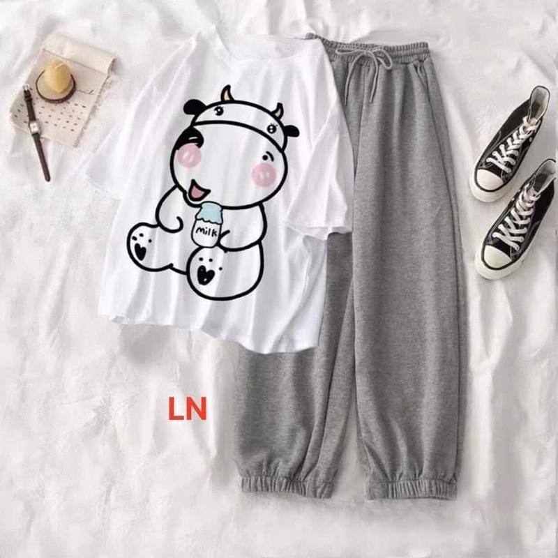 Sét áo bò sữa cười lọ Milk + quần bom xám TH6