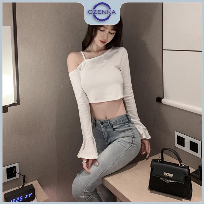 Áo croptop trễ vai tay xoè dài nữ OZENKA , áo crt kiểu cổ rộng chất thun gân mềm mịn mát 100% cotton đen trắng