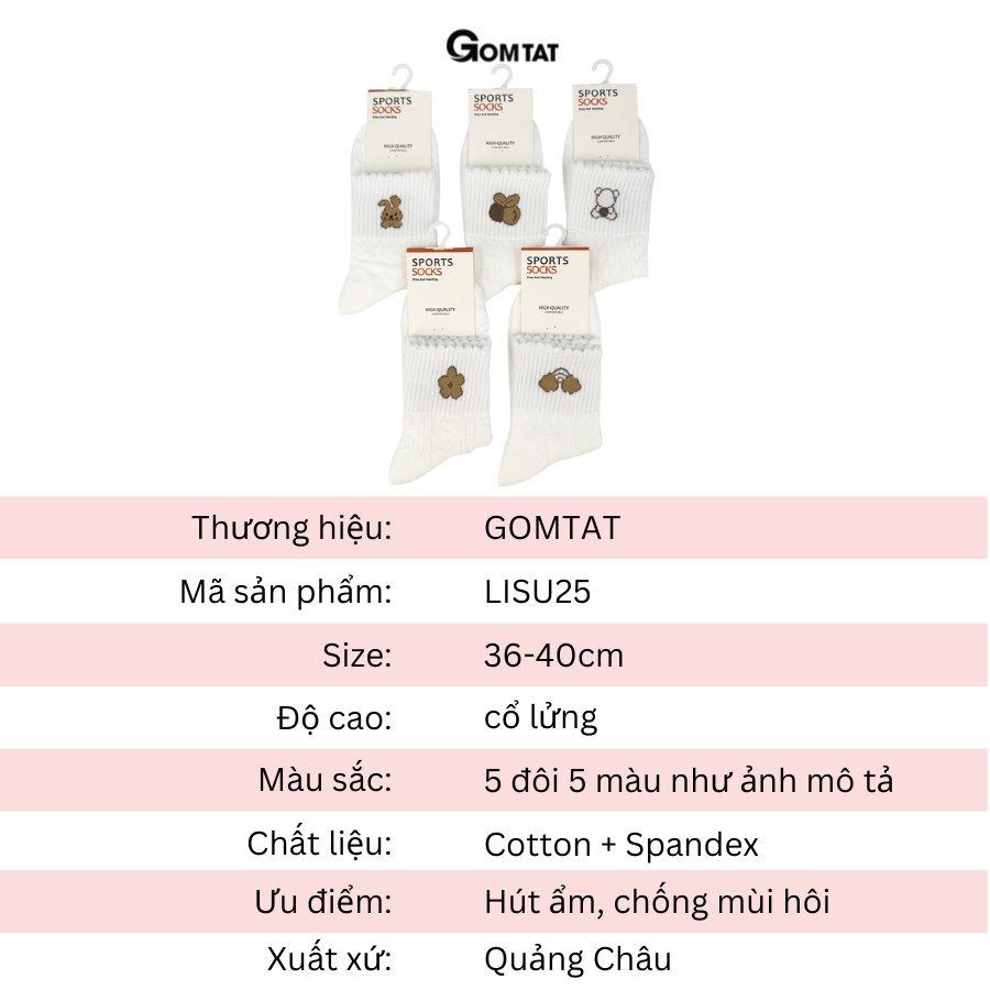 Tất vớ nữ cổ lửng GOMTAT họa tiết hình thú, chất liệu cotton cao cấp thoáng khí cực êm chân - LISU25-LUNG-HTNAU