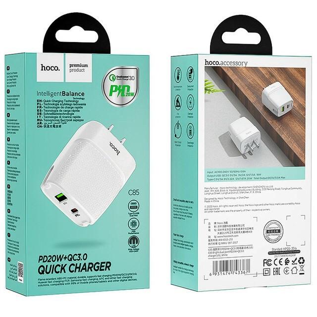 Cóc Sạc Nhanh Hoco C85 20W PD + QC 3.0 Tiêu Chuẩn Châu Âu - Sạc Siêu Nhanh -Vật Liệu Chống Cháy(Trắng),HÀNG CHÍNH HÃNG