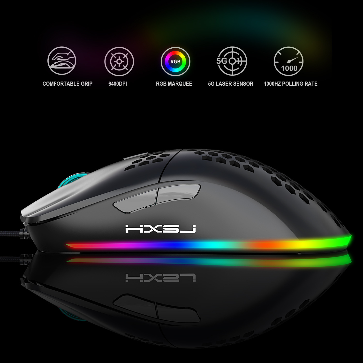 Chuột Quang MACRO HXJS J900 RGB Bề Mặt Lưới Xuyên Thấu Cực Đẹp DPI 6400 - Hàng chính hãng