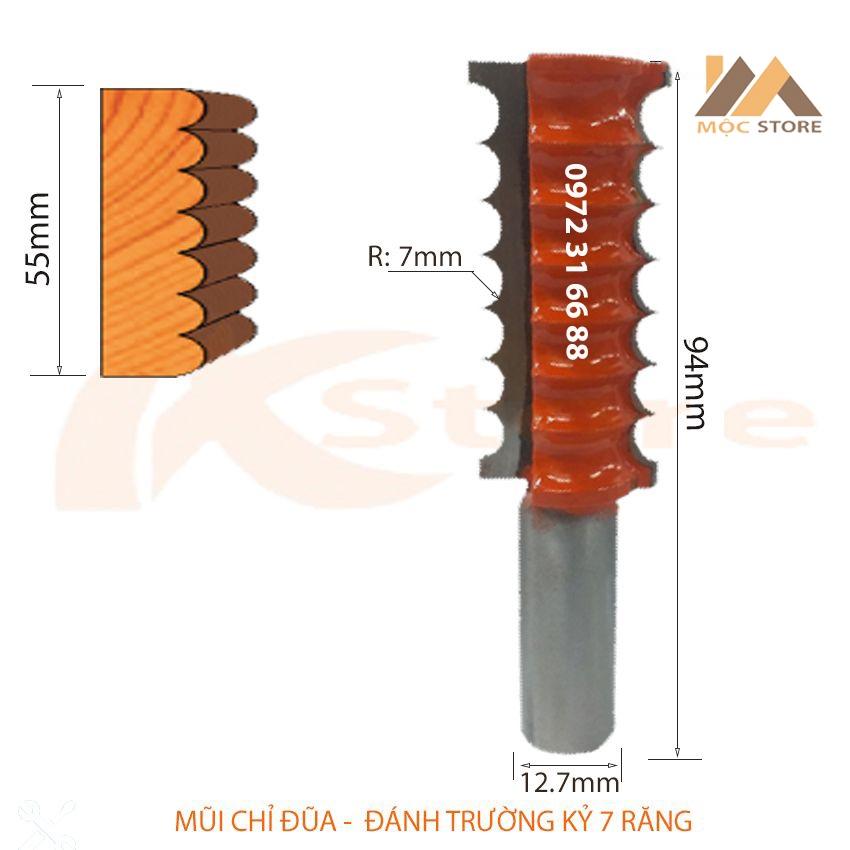 MŨI PHAY GỖ - MŨI SOI GỖ ĐÁNH CHỈ ĐŨA - MŨI TRƯỜNG KỶ 7 RĂNG 55MM CỐT 12.7MM, HÀNG VIỆT NAM CHẤT LƯỢNG CAO