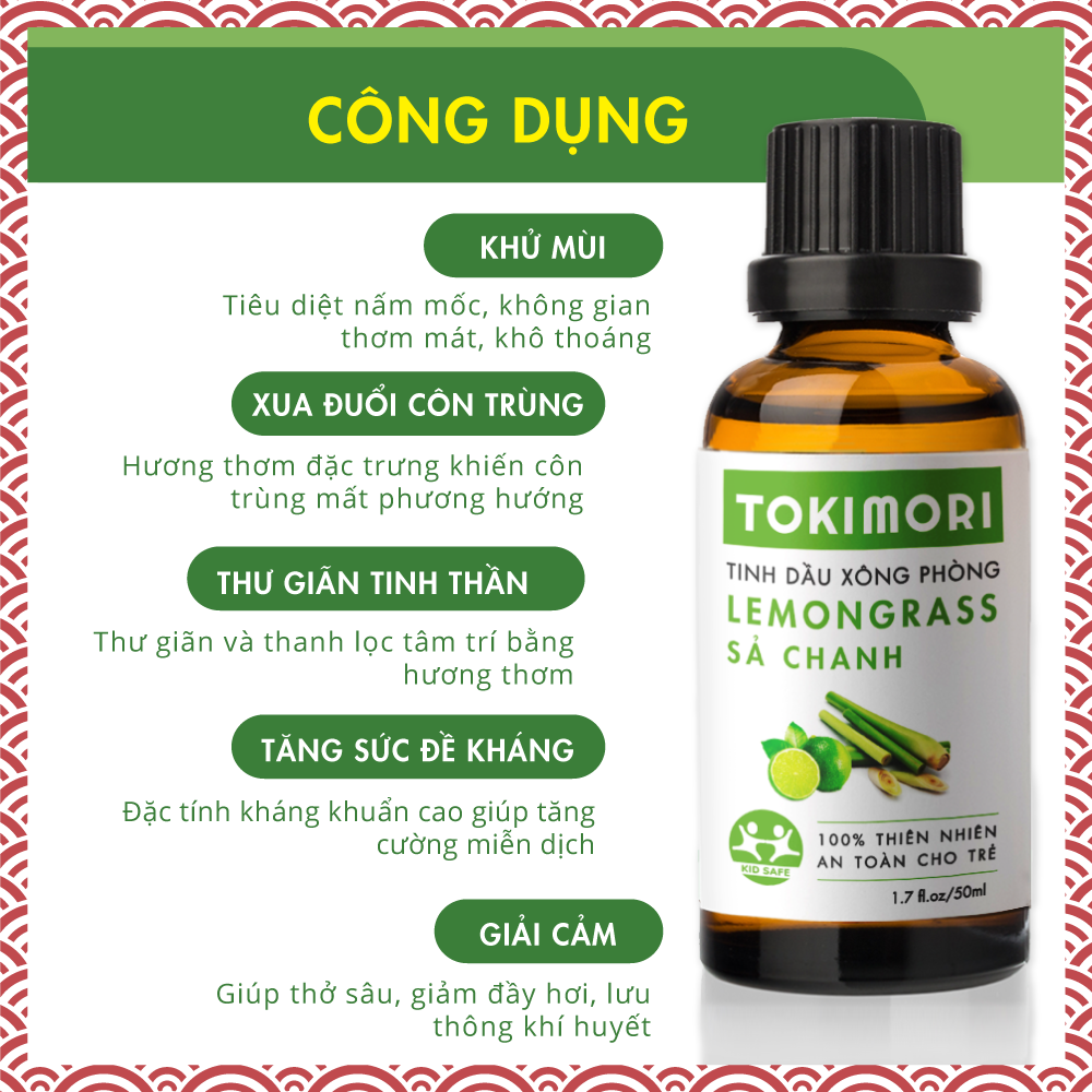 Tinh Dầu Sả Chanh TOKIMORI Xuất Khẩu Nhật Bản (50ml) 100% Thiên Nhiên, An Toàn Cho Trẻ, Xông Phòng, Khử Mùi, Kháng Khuẩn, Đuổi Muỗi, Giải Cảm