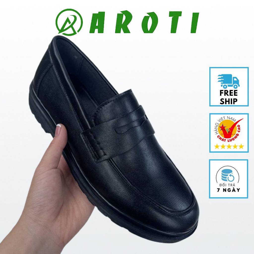 Giày Da Nam AROTI Dáng Lười Chất Da Đẹp Cao Cấp,Đế Khâu Tăng Cao 3cm Form Loafer Mọi Công Sở Sang Trọng  G608-Đen Trơn