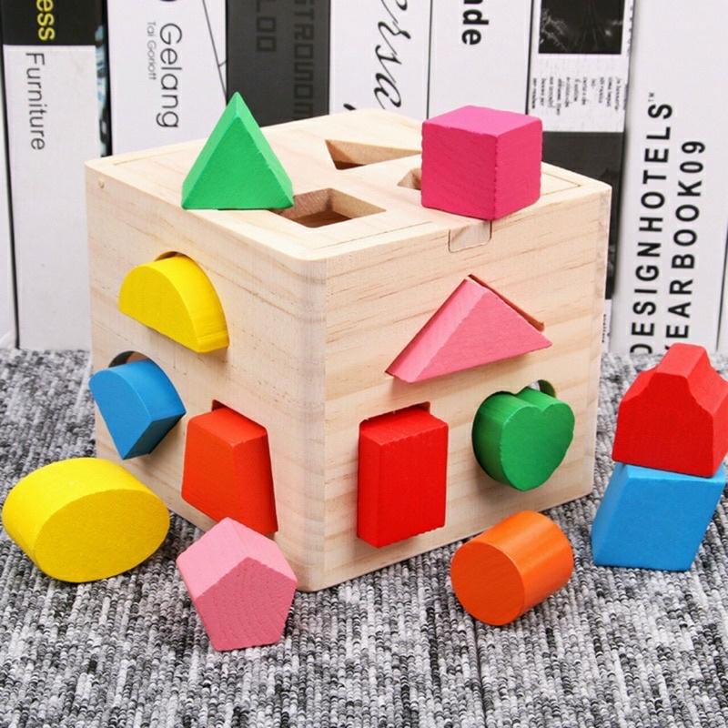 Hộp thả các khối hình học cho bé từ 6 tháng tuổi trở lên bằng gỗ