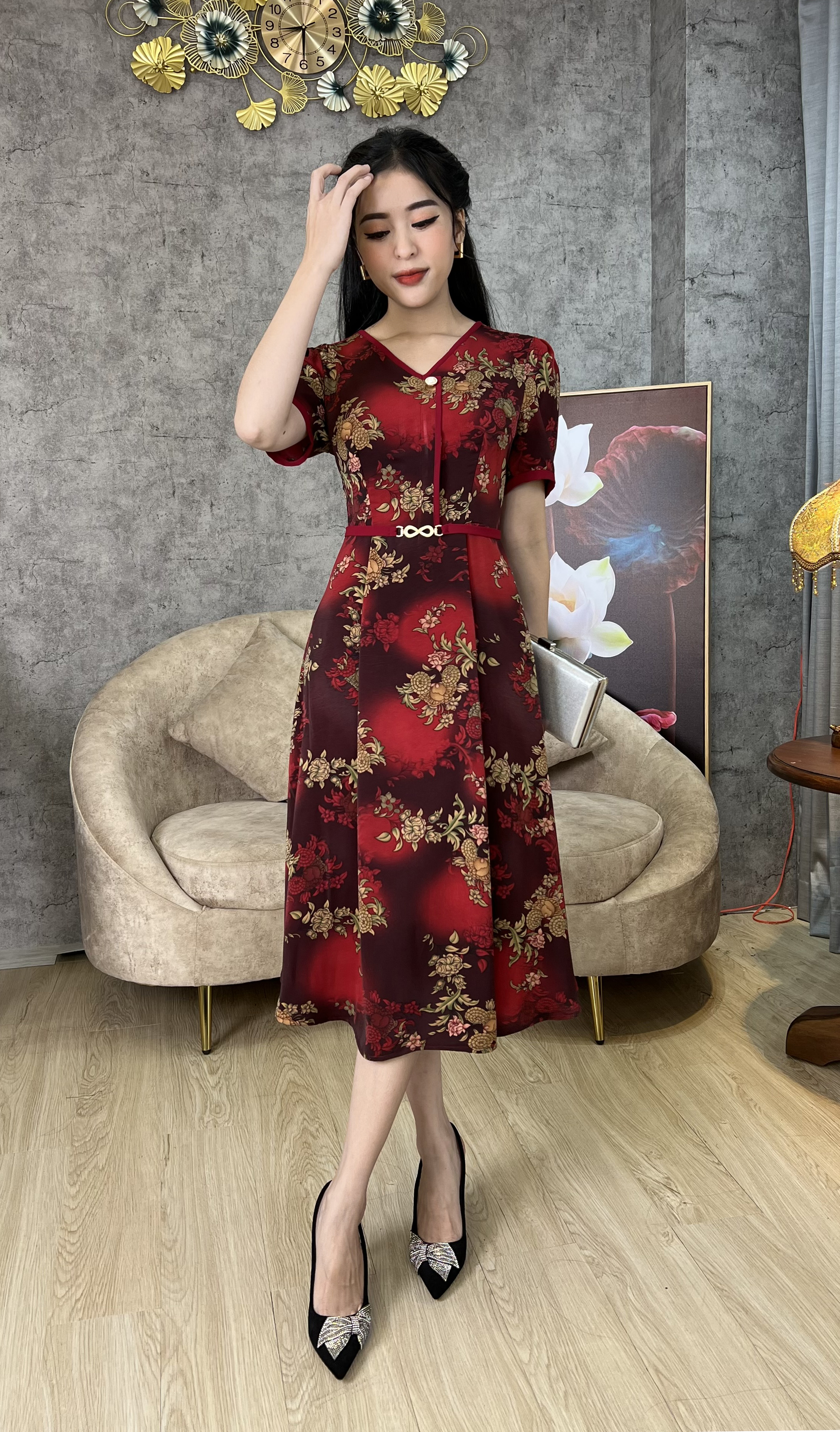 Đầm Trung Niên [ Linh Trà ] (TM 595) Cao Cấp Màu Sắc Trẻ Trung Tươi Sáng Họa Tiết Sang Trọng Đi Làm Đi Tiệc Cho Quý Bà