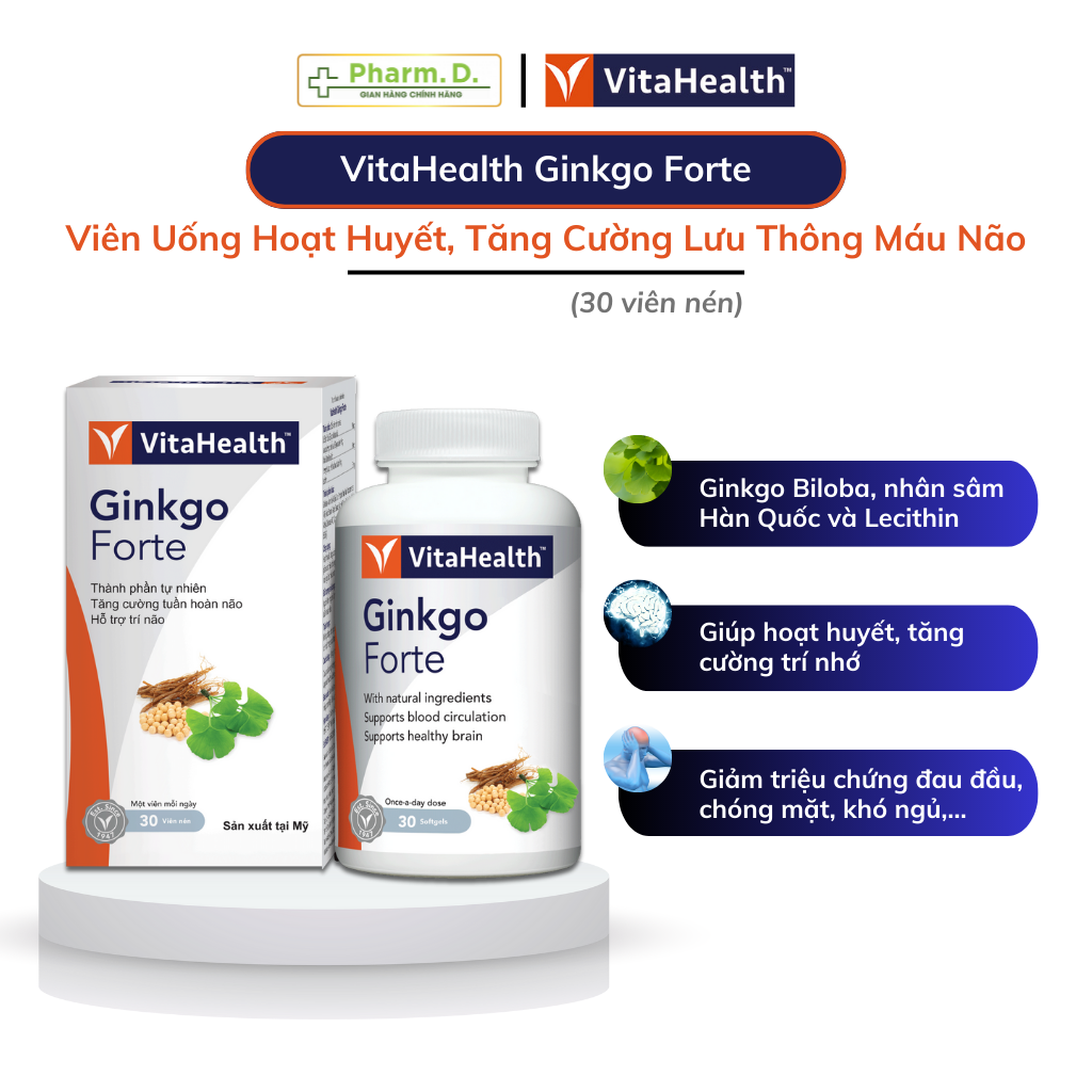 Viên Uống Tăng Tuần Hoàn Não, Hỗ Trợ Bổ Não VITAHEALTH Ginkgo Forte (30 Viên)