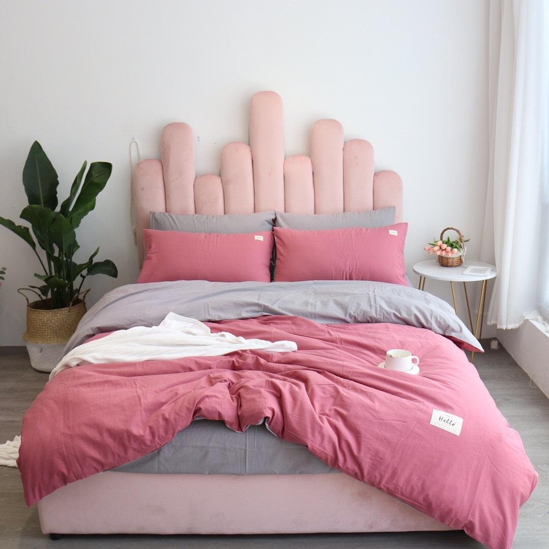 Bộ Chăn Chần Ga Gối Cotton Tici LIDACO - Hồng Đậm Ga Ghi