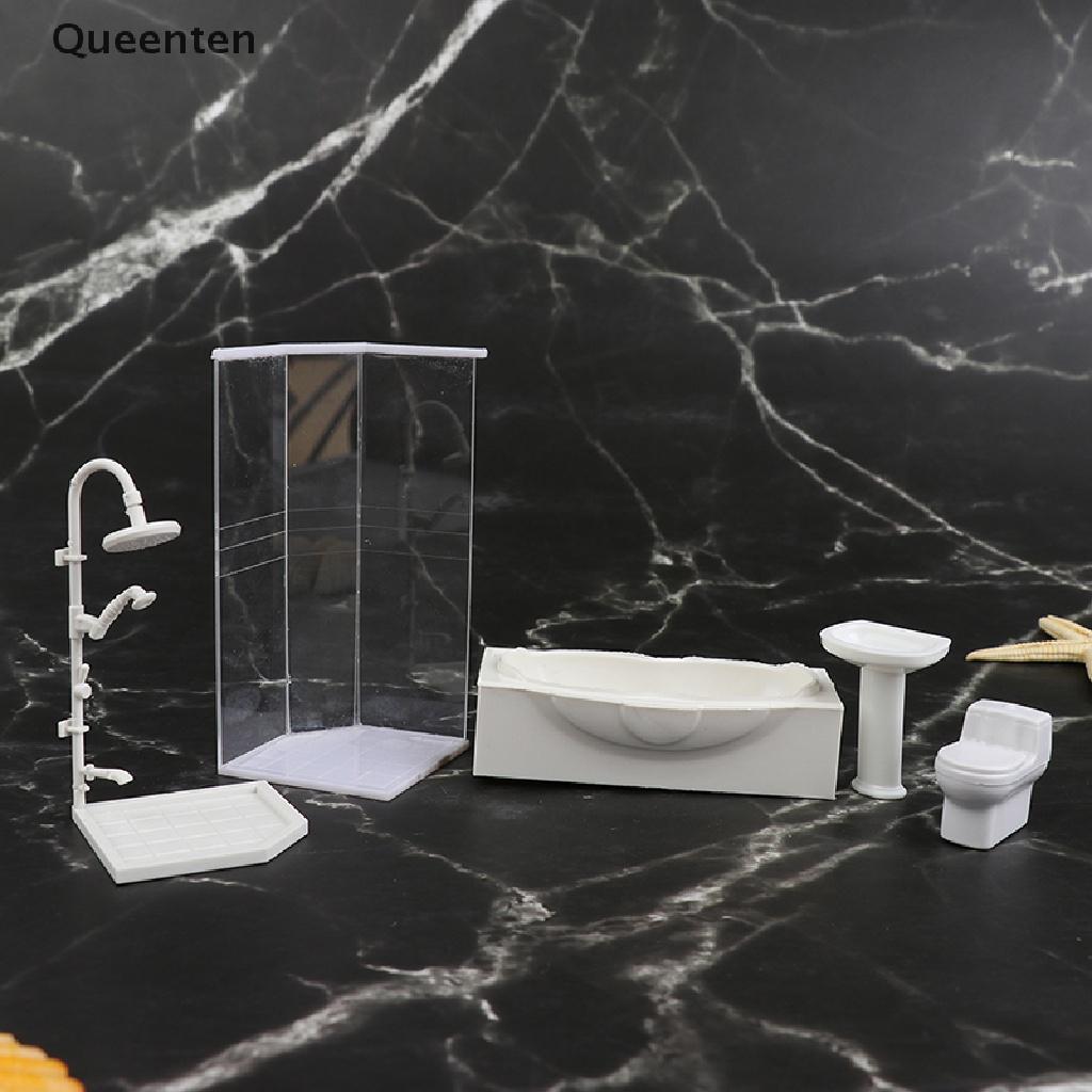 Queenten 1:25 Dollhouse Miniature Bathroom Set Shower Room Toilet Bathtub Sink Model Toy QT