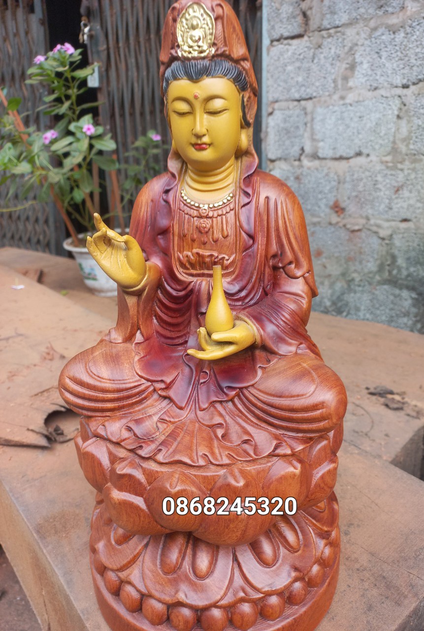 Tượng phật bà quan âm bồ tát bằng gỗ hương đá sơn pu giả cổ kt 40×20×20cm