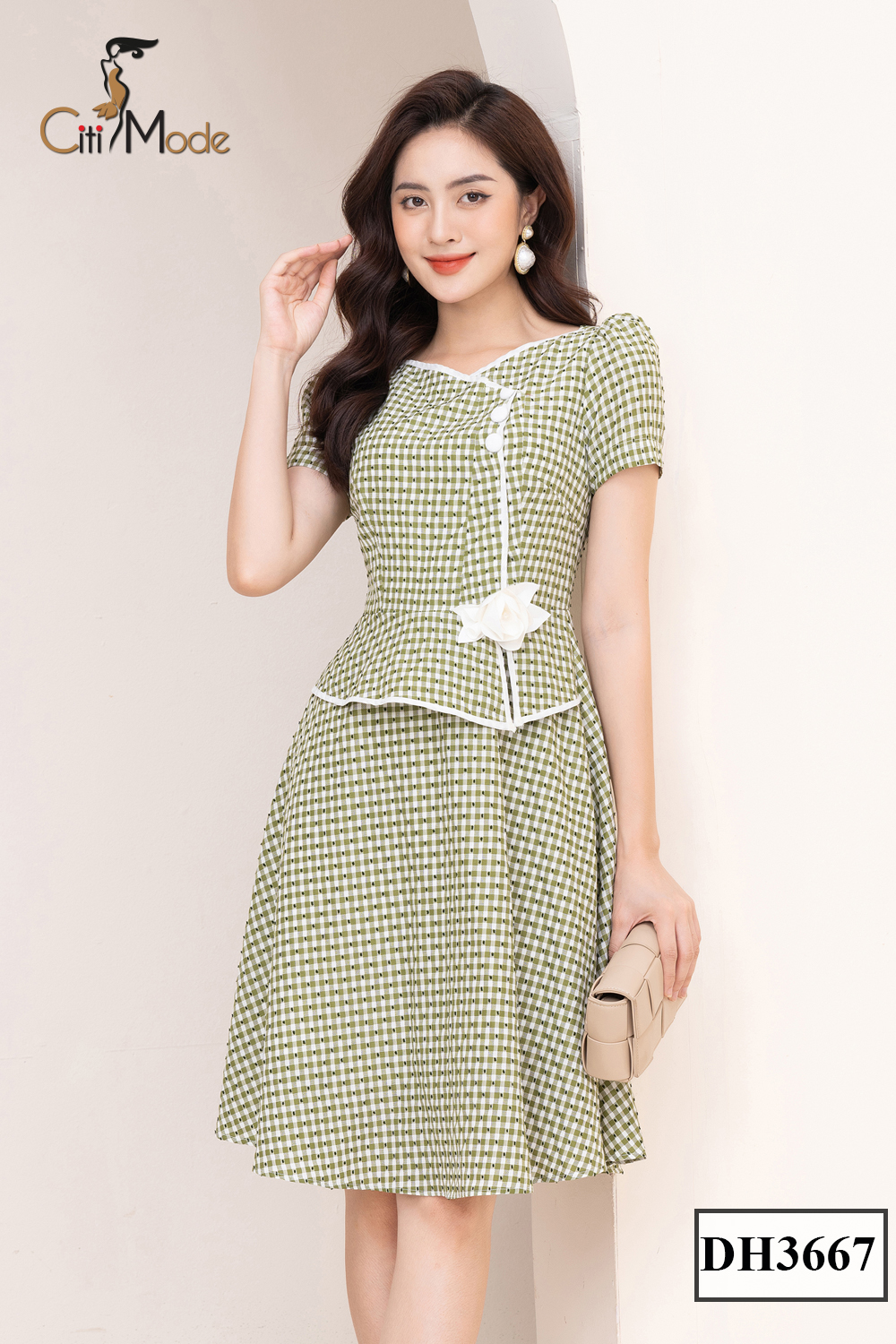 Đầm công sở CITI MODE FASHION dáng peplum xanh cổ lệch thêu hoa eo DH3667