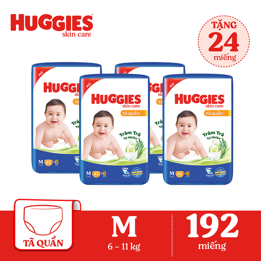 Combo 4 Tã/bỉm quần HUGGIES SKINCARE gói JUMBO size M 42 +6 miếng