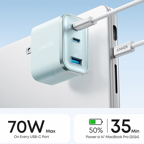 Cốc sạc Anker Nano Compact Dual-Mode Fast Charging 1USB 2Type-C 70W A121A - Hàng chính hãng