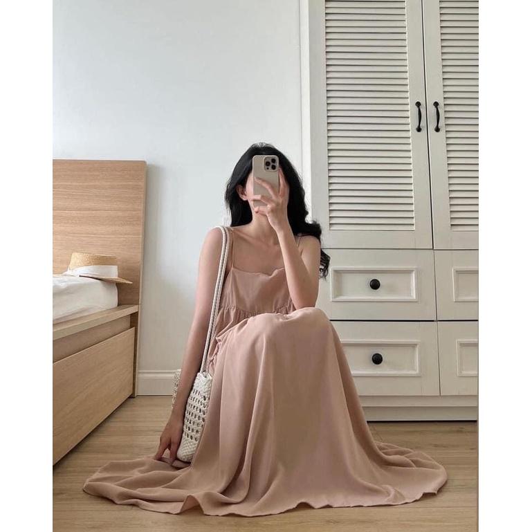 Váy đầm hai dây maxi xòe tầng đi biển dáng babydoll rộng chất thô mềm mát hè. MET SHOP