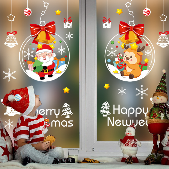 Decal trang trí Noel hít tĩnh điện - Rèm châu ông già Noel và Tuần Lộc
