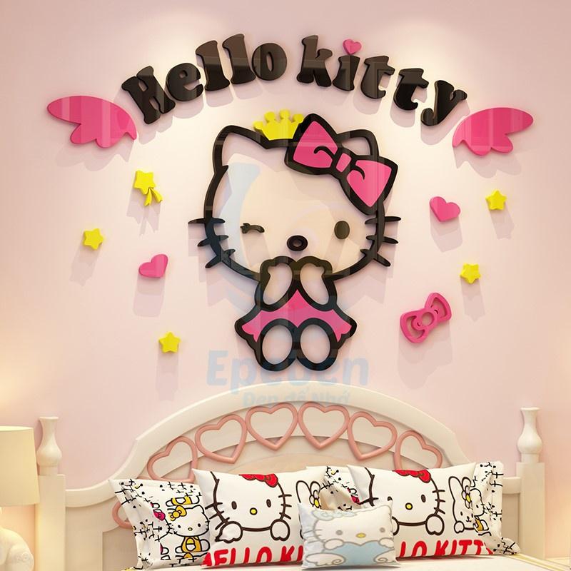 Tranh dán tường mica 3d decor khổ lớn hello kitty trang trí mầm non, mẫu giáo, phòng cho bé