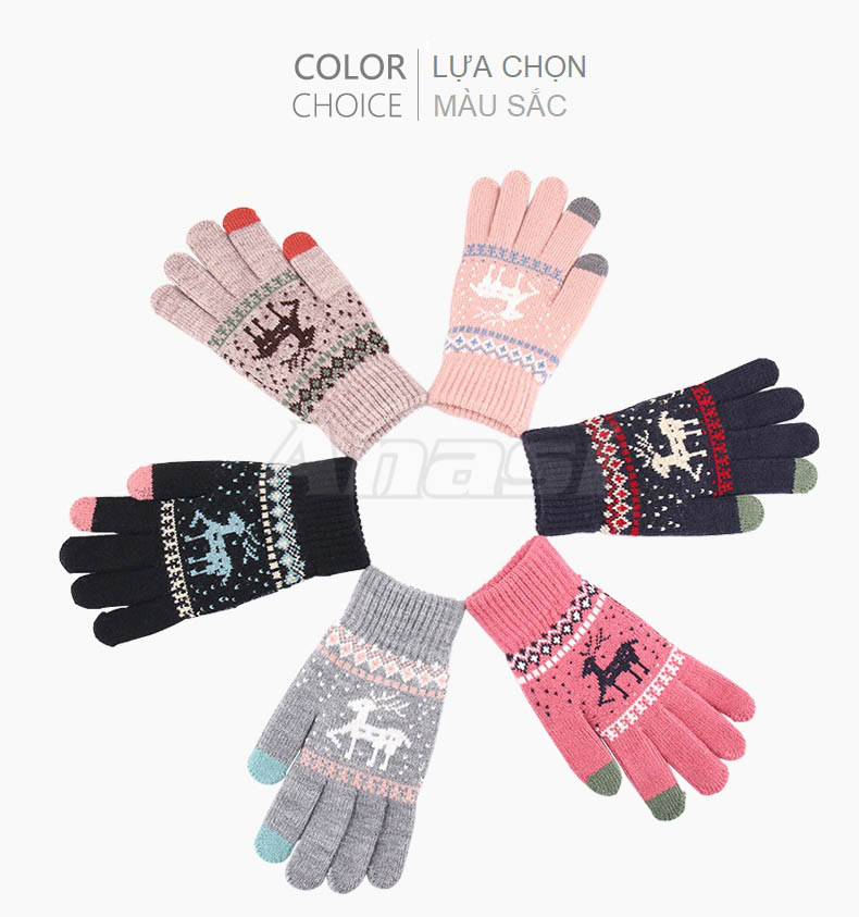 Găng tay len chống nắng nữ Anasi GS33 - Cảm ứng điện thoại - Họa tiết dễ thương