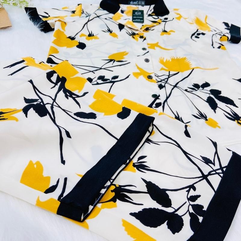 Bộ đồ Pyjama nữ, đồ mặc nhà lụa VILADY - B144 Quần Lửng Tay Cộc Họa Tiết Chim Màu Vàng, chất liệu lụa Pháp