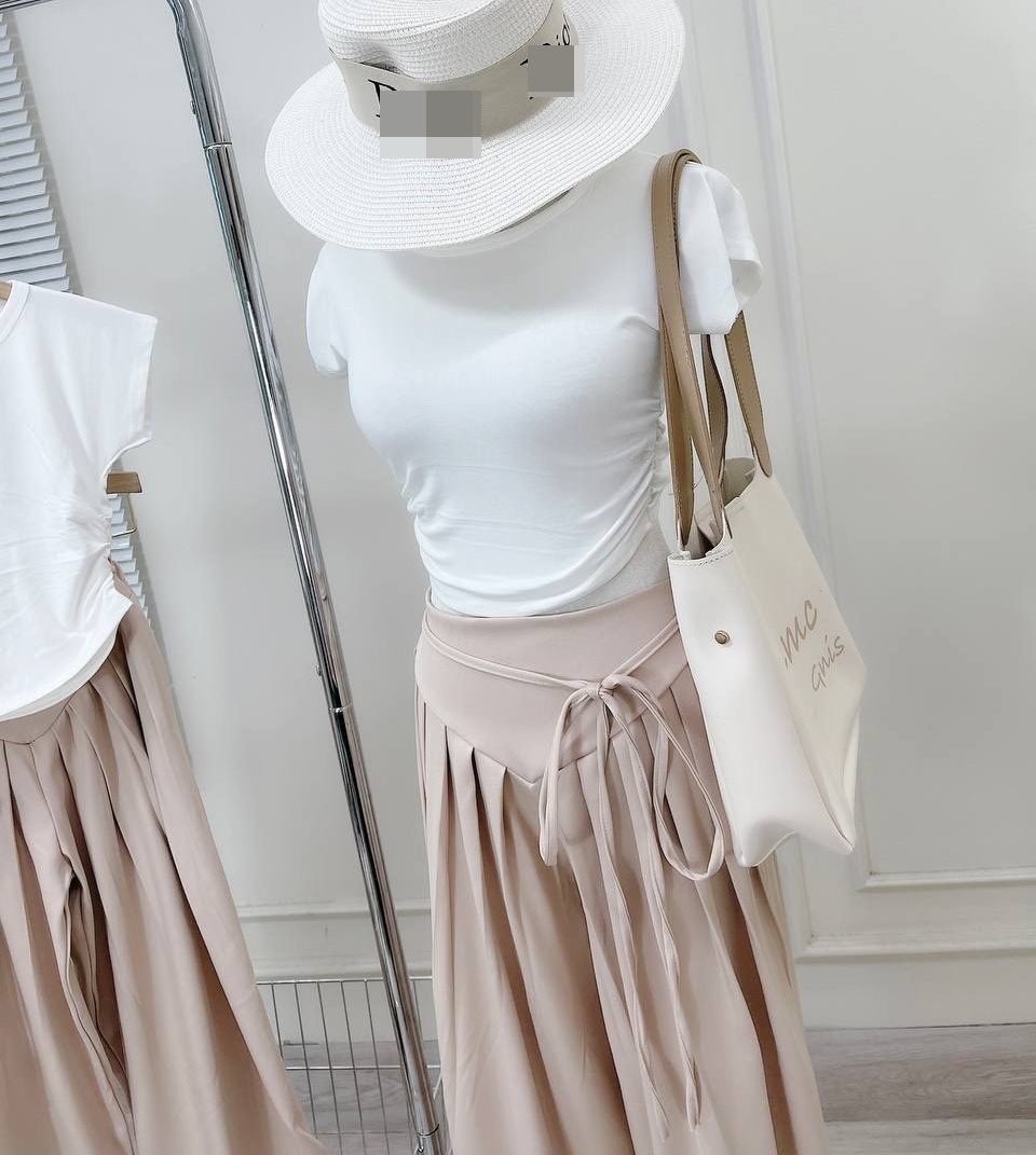 SET QUẦN ỐNG RỘNG GIẢ VÁY MIDI XẾP LY DÂY RÚT LƯNG THUN CAO MAXI + ÁO THUN 3 LỖ PASTEL ĐI TIỆC DẠO PHỐ ĐI CHƠI ĐI BIỂN
