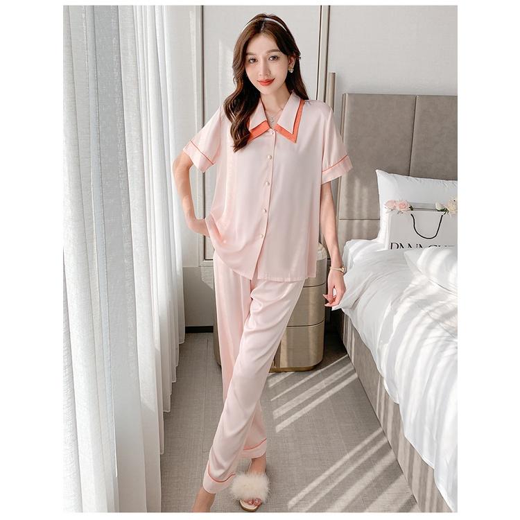 Đồ Bộ Ngủ - Pijama Áo Ngắn Quần Dài Vải Lụa Cao Cấp Màu Trơn Cổ Áo Cách Điệu Viền Ren Đẹp CDLP11