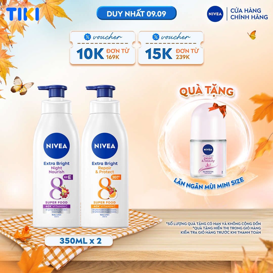 Bộ 2 Sữa Dưỡng Thể NIVEA Extra Bright Ngày Và Đêm Dưỡng Ẩm Sáng Da Phục Hồi Chống Nắng (350 ml) - 88311+98412 - (Bao bì thay đổi theo từng đợt nhập hàng)