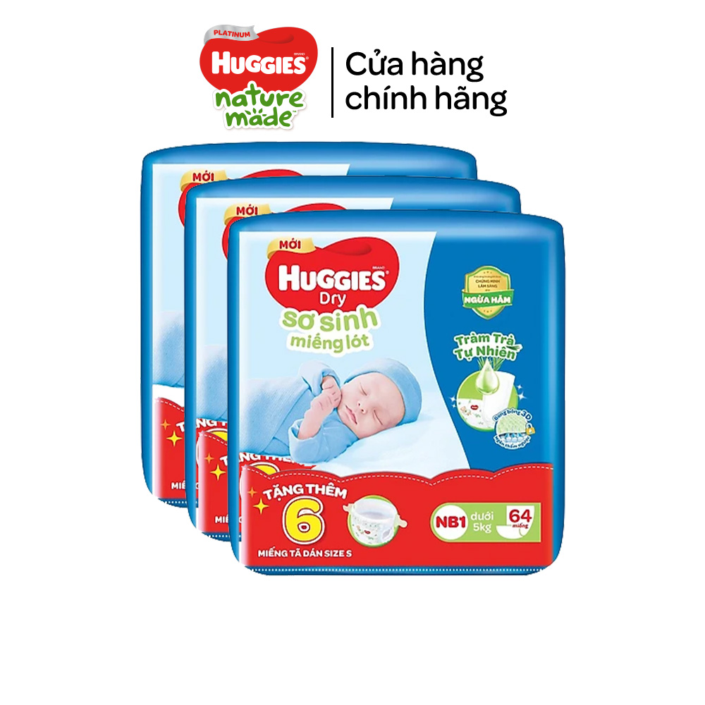 [Tặng 18 miếng] Combo 3 Miếng lót Sơ Sinh Huggies Tràm Trà NB1 64 miếng