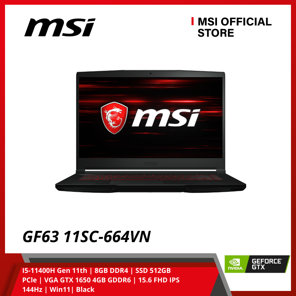 Laptop MSI Gaming GF63 Thin 11SC-664VN (I5-11400H Gen 11th | 8GB DDR4 | SSD 512GB PCle | VGA GTX 1650 4GB GDDR6 | 15.6 FHD IPS 144Hz | Win11| Black) - Hàng Chính Hãng