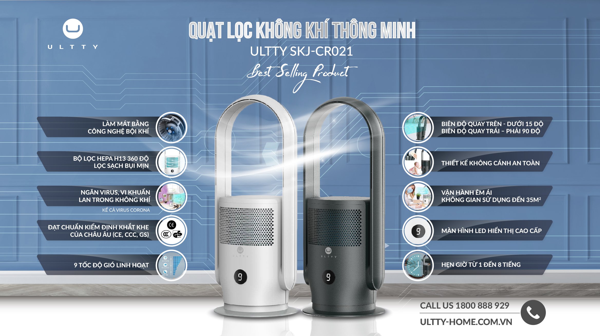 Máy Lọc Không Khí ULTTY SKJ-CR021 Dạng Quạt, Chế Độ Làm Mát 9 Cấp, Bộ Lọc HEPA H13 Loại Bỏ 99,97% Bụi Mịn, Vi Khuẩn, Virut - Màu Đen - Hàng Chính Hãng