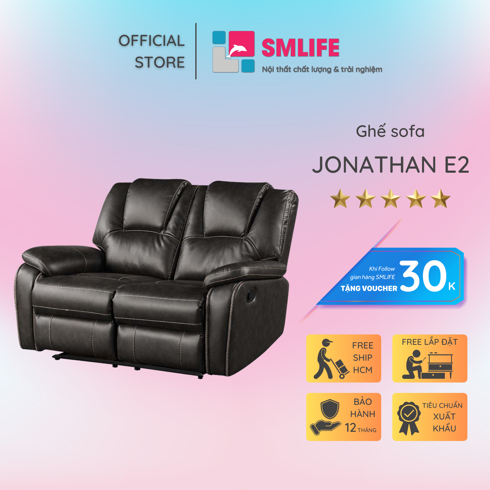 Ghế sofa đôi ngã lưng thư giãn bằng điện sang trọng SMLIFE Jonathan E2 | D157 x  R96 x C99cm | nâng hạ lưng ghế