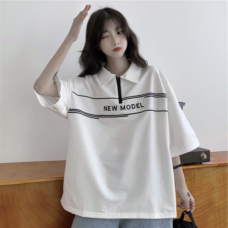 Áo Polo Cộc Tay Khóa Kéo In Chữ NEW MODEL Dáng Rộng
