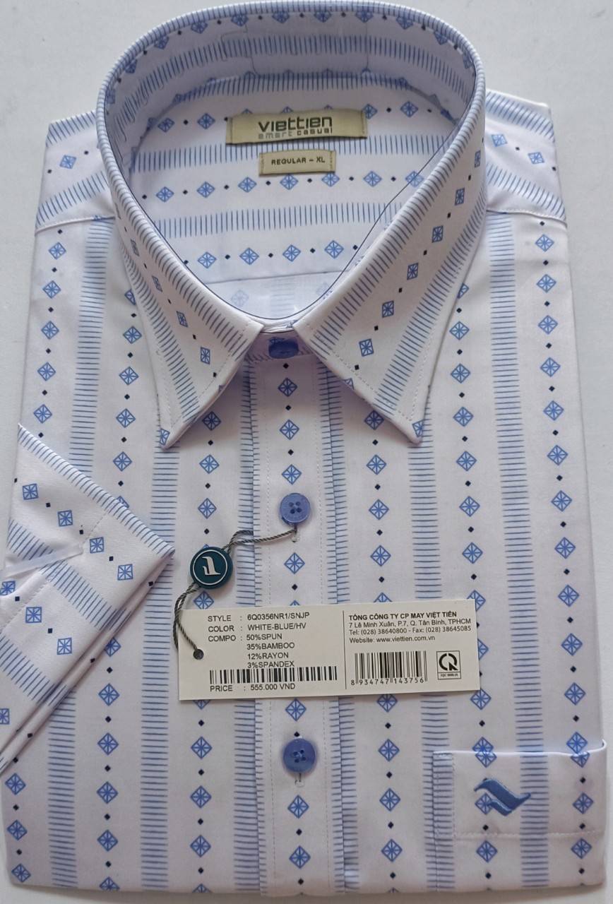 Viettien Áo sơ mi nam ngắn tay Việt Tiến Smart Casual vạt ngang, xẻ sườn sợi tre mã 6Q0356NR1/SNJP