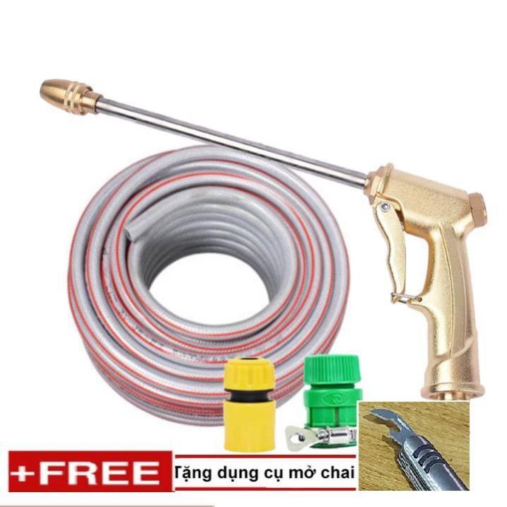 Bộ dây vòi xịt nước rửa xe, tưới cây . tăng áp 3 lần, loại 20m 206701-3 đầu đồng,cút,nối vàng+ tặng mở chai TL