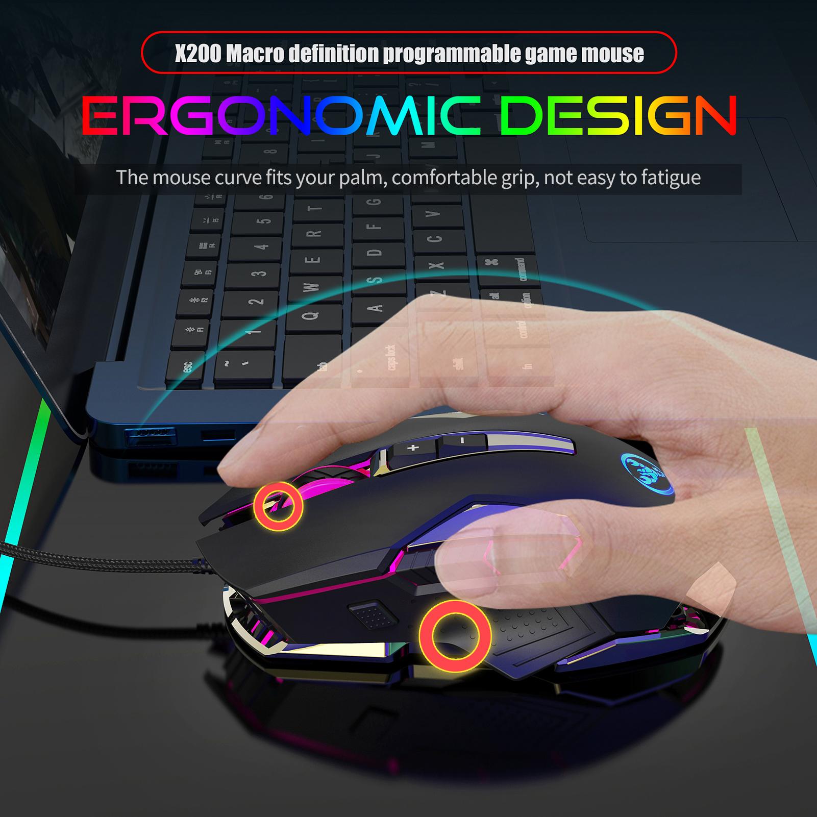 HXSJ X200 8 Keys Wired Gaming Mouse Macro Programming Mouse with 4-gear Adjustable DPI Colorful Lighting Effects