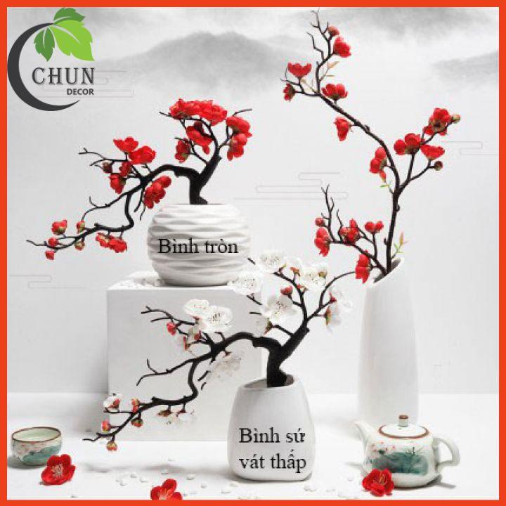 Cành đào bon sai, chậu đào nhân tạo để bàn, kệ tủ, giá sách dáng thác đổ