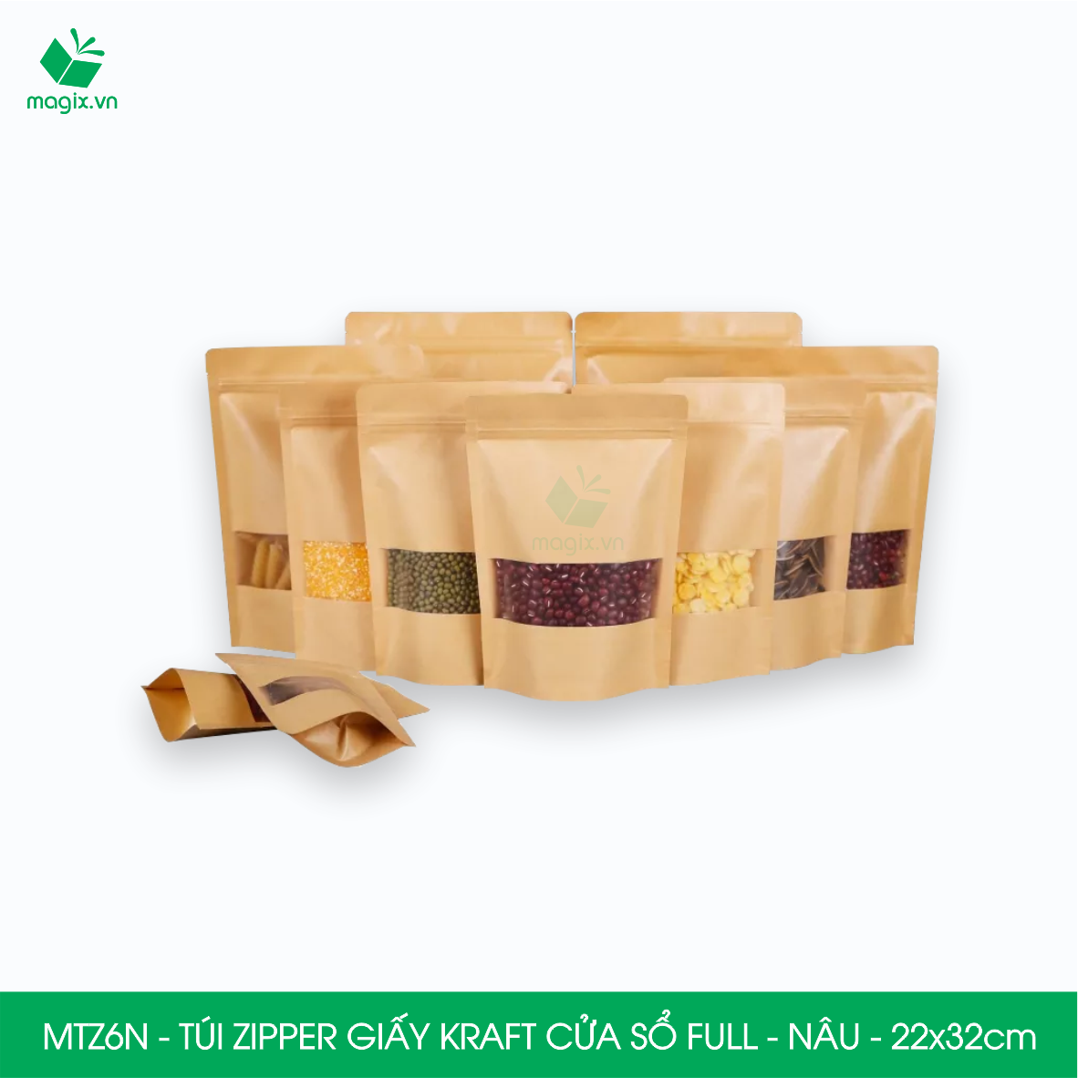 MTZ6N - 22x32cm - Combo 25 Túi Zipper giấy Kraft Nâu đáy đứng có cửa sổ