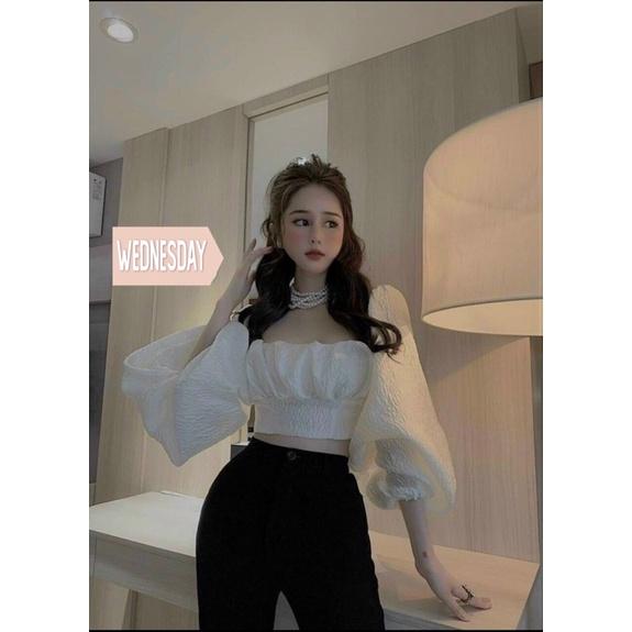 áo croptop tay phồng trễ vai cổ vuông trắng Thời Trang Hàn Quốc Cho Nữ 3 màu
