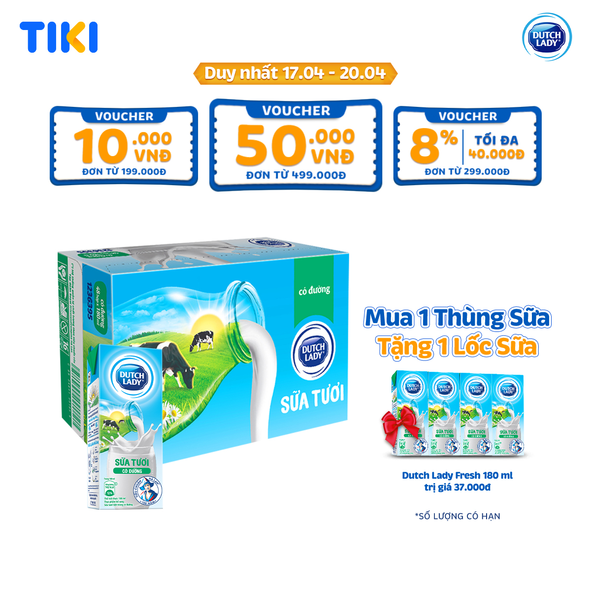 Thùng 48 Hộp Sữa Tươi Tiệt Trùng Dutch Lady Cô Gái Hà Lan Có Đường (48X180ml)