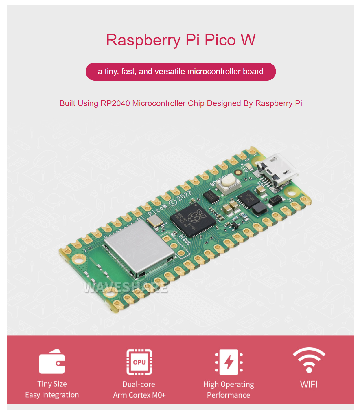 Bo mạch vi điều khiển Raspberry Pi Pico W WiFi tích hợp dựa trên Bộ xử lý lõi kép RP2040 chính thức