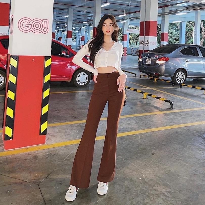 Quần ống loe cạp cao vải co giãn nhẹ tôn dáng kéo dài chân D'Lily Store