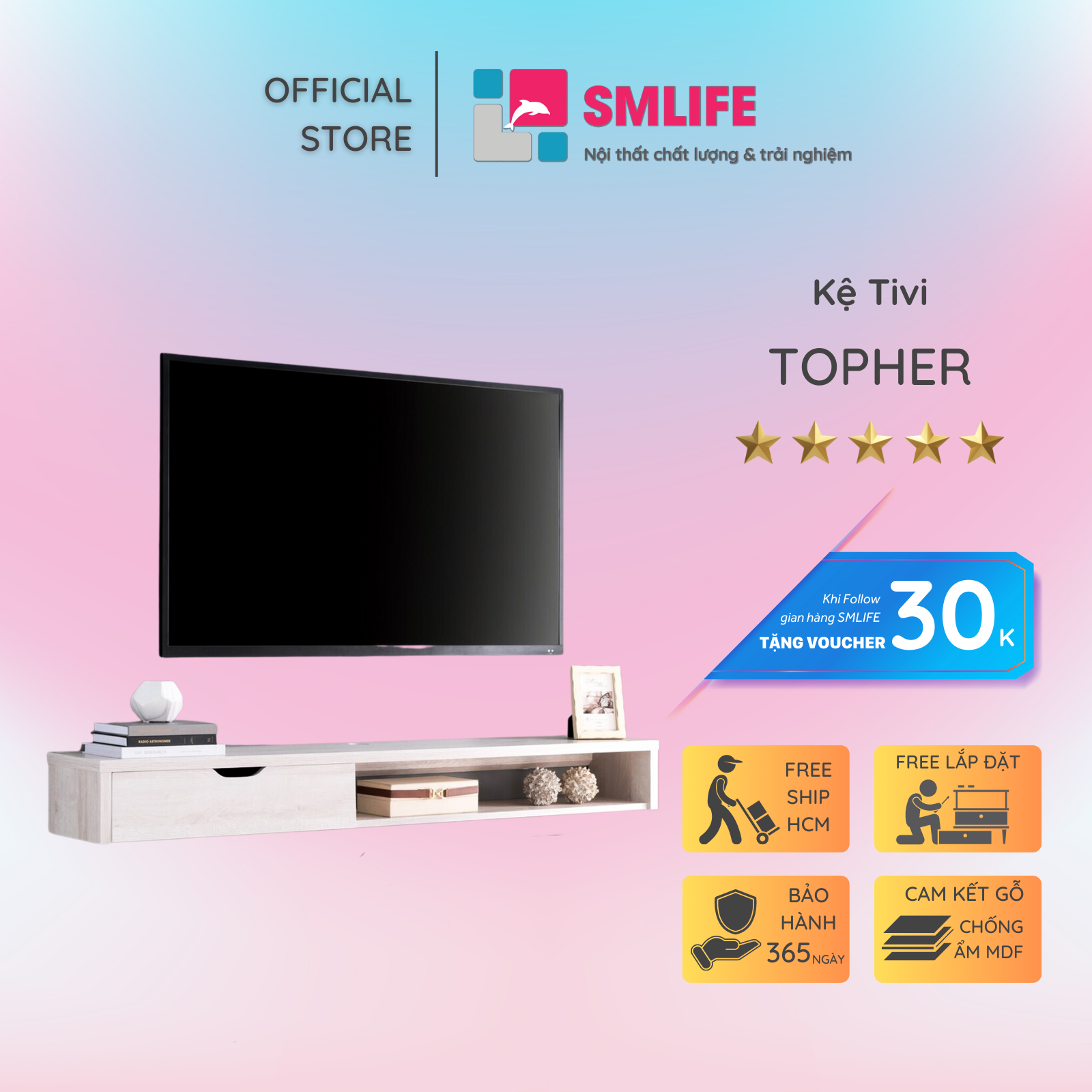 Kệ Tivi gỗ hiện đại SMLIFE Topher | Gỗ MDF dày 17mm chống ẩm | D150xR25xC18cm