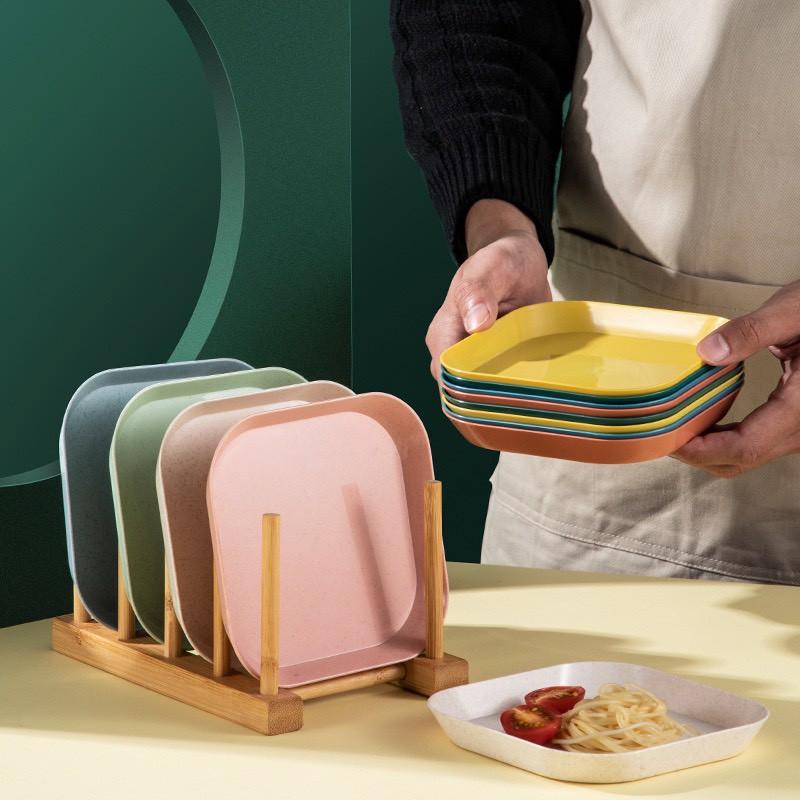 Set 6 Đĩa lúa mạch màu pastel vuông sâu, có hộp xịn xò, an toàn cho nhà bếp