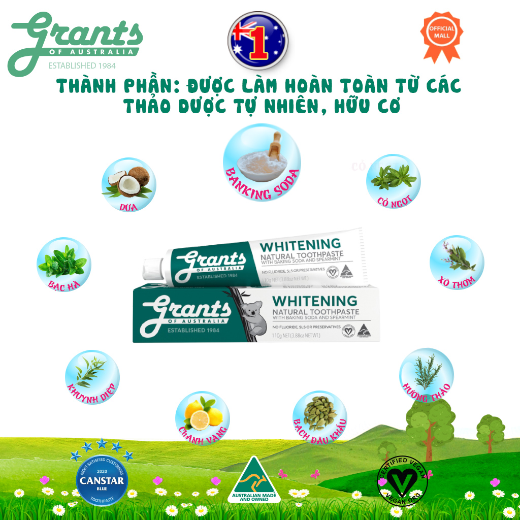 Kem đánh răng thảo dược trắng răng Grants 110g - Bộ 2 tuýp - Với Banking soda và tinh chất bạc hà mạnh giúp làm trắng răng, đánh tan các mảng bám, làm dịu nướu