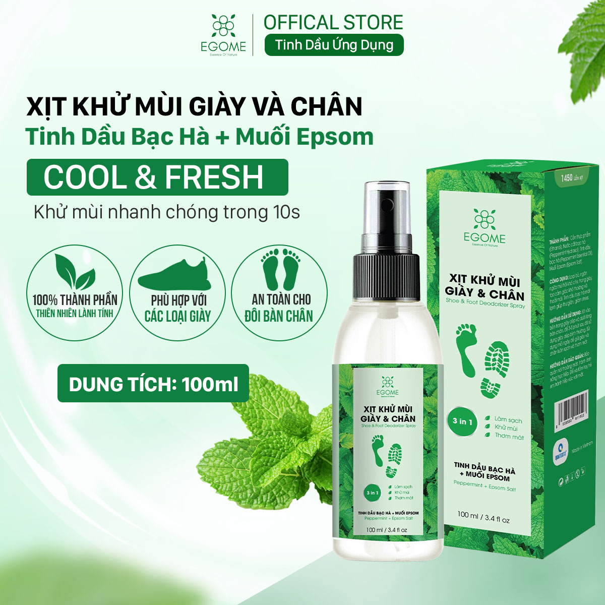 Xịt Khử Mùi Giày Và Chân Egome Tinh Dầu Bạc Hà làm sạch và thơm mát 100ml