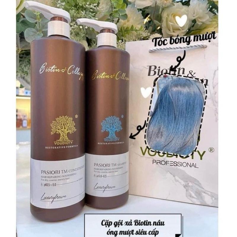 Bộ dầu gội xả Biotin Collagen Nâu Pasiori TM Luxury Brown Phục hồi siêu mượt giảm rụng tóc 1000ml