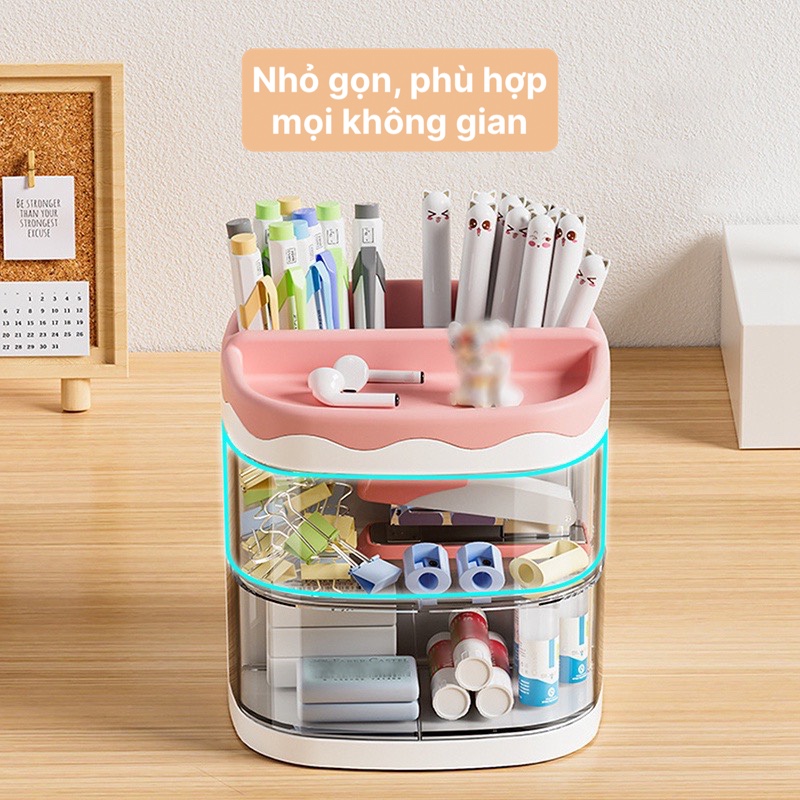 Hộp nhựa trong suốt đựng cọ trang điểm, đựng bút, đồ dùng học tập, trang sức có 2 hộc kéo xinh xắn