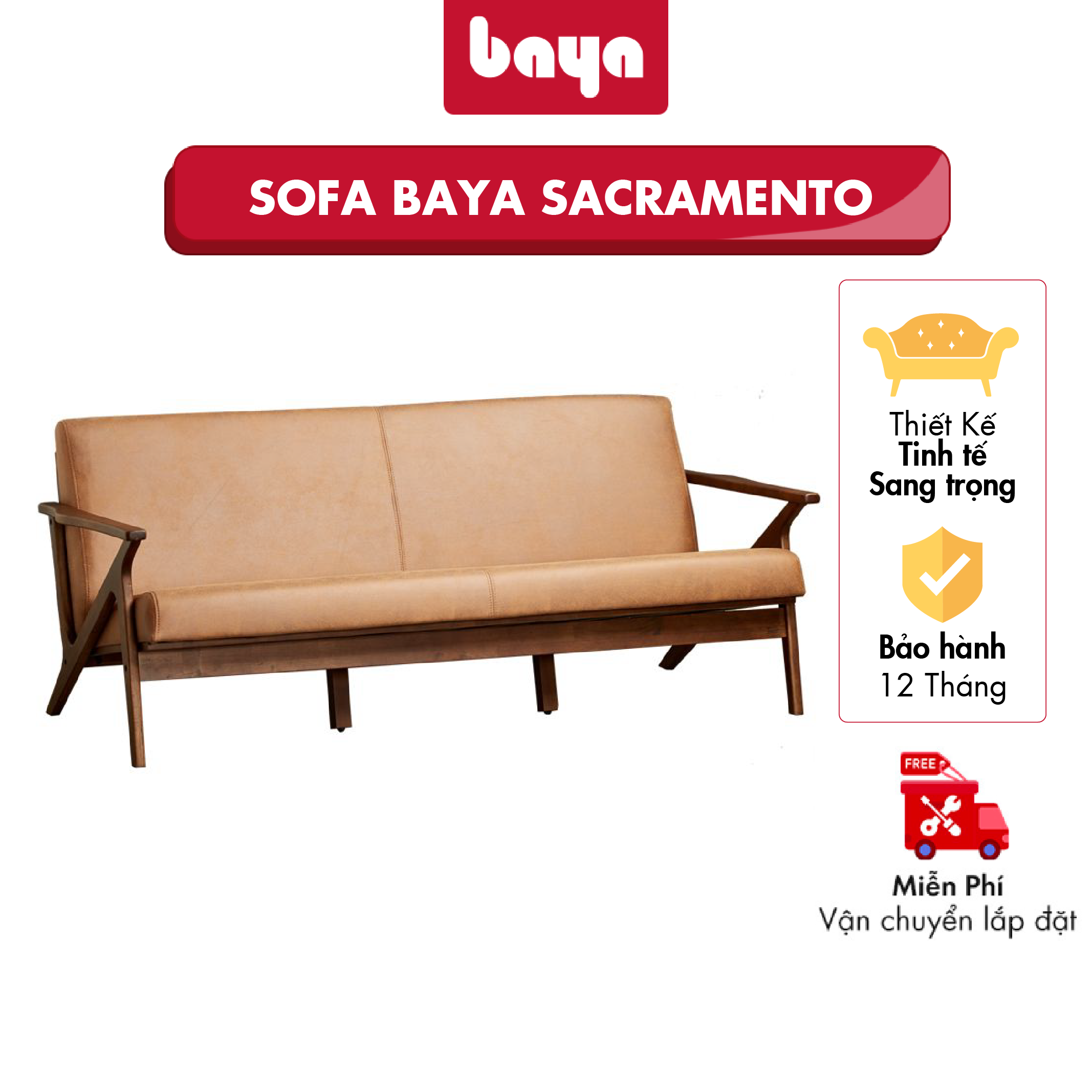 Ghế Sofa Phòng Khách Bằng Da Cao Cấp BAYA Sacramento Thiết Kế Khung Gỗ Cao Su, Đệm Ngồi Bằng Mút Bọc Vải Polyester Kích Thước 84x183x75cm 1079050