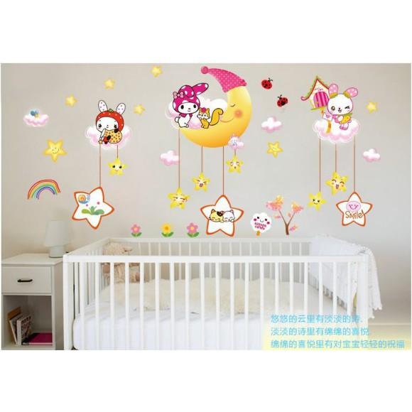 Decal trang trí tường - Thỏ Trắng đáng yêu vui chơi cùng Trăng Sao