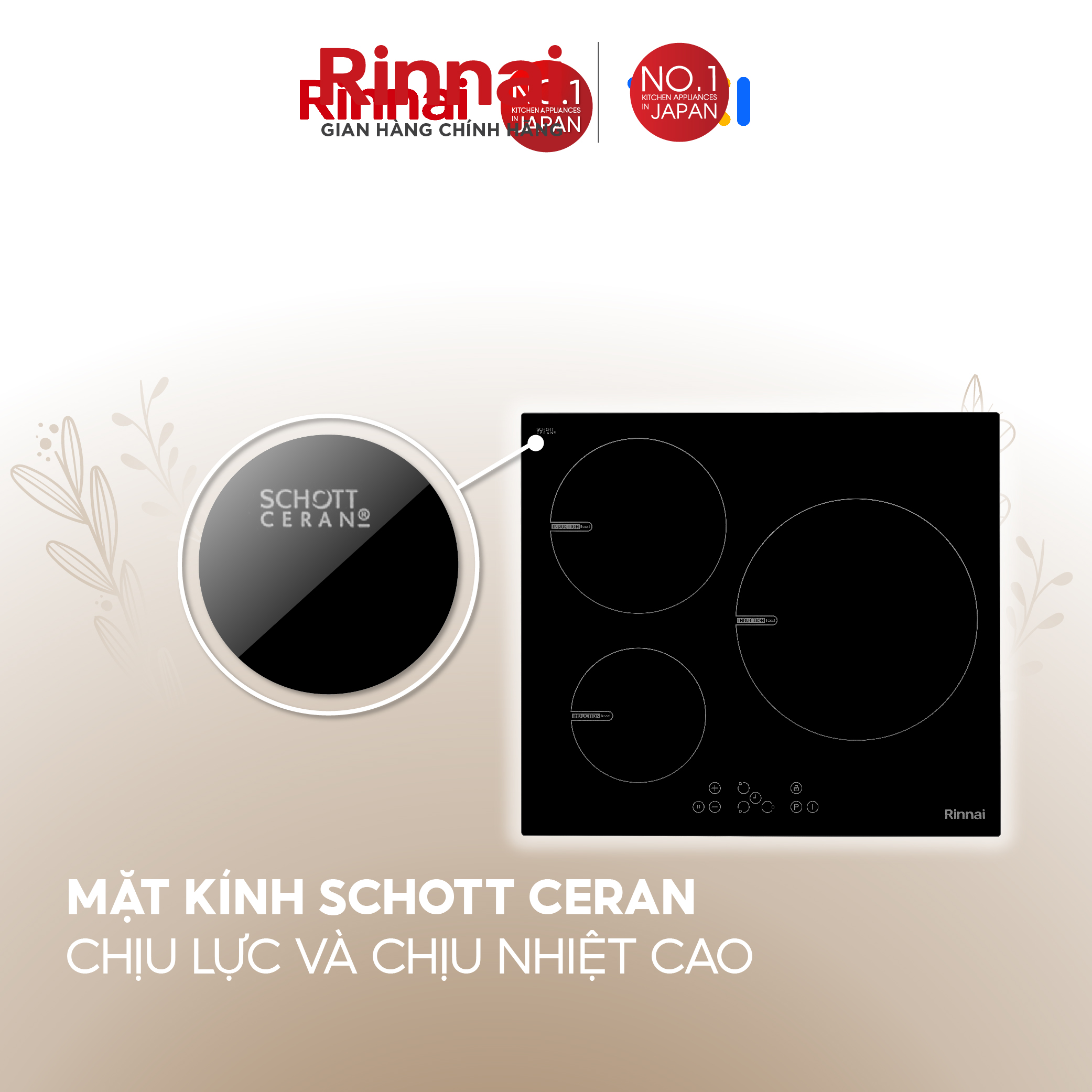 Bếp từ Rinnai RB-6103H-CB mặt kính Schott 7200W - Hàng chính hãng.